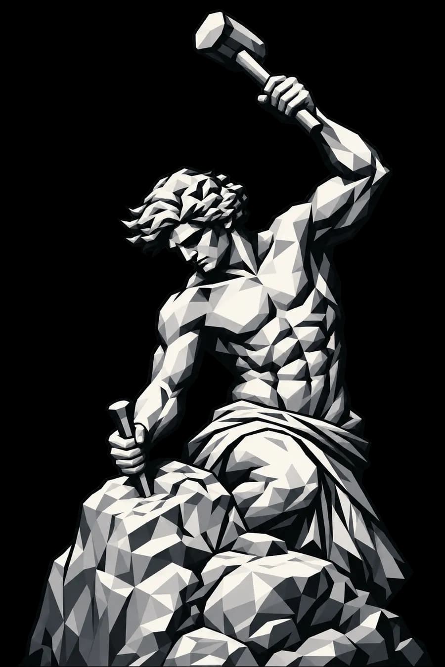 Escultor esculpindo a si mesmo a partir de um bloco de pedra