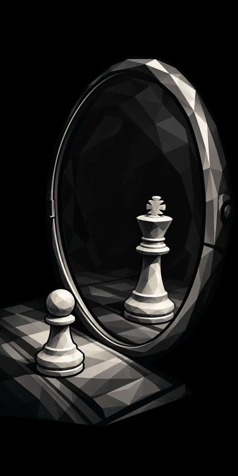 Um peão de xadrez diante de um espelho que reflete um rei